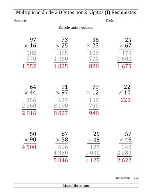 La hoja de ejercicios de Multiplicar Números de 2 Dígitos por 2 Dígitos (Formato Grande) Usando Espacios como Separadores de Millares (I) Página 2