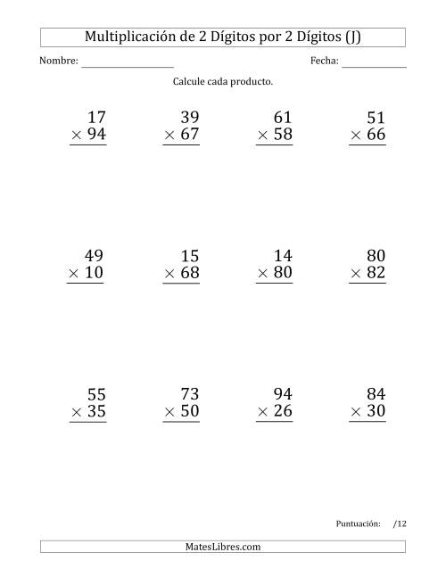 La hoja de ejercicios de Multiplicar Números de 2 Dígitos por 2 Dígitos (Formato Grande) Usando Espacios como Separadores de Millares (J)