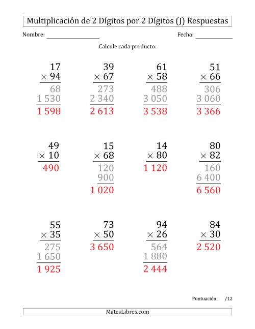 La hoja de ejercicios de Multiplicar Números de 2 Dígitos por 2 Dígitos (Formato Grande) Usando Espacios como Separadores de Millares (J) Página 2