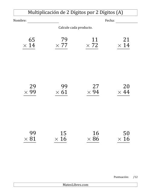 La hoja de ejercicios de Multiplicar Números de 2 Dígitos por 2 Dígitos (Formato Grande) Usando Espacios como Separadores de Millares (Todas)