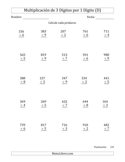 La hoja de ejercicios de Multiplicar Números de 3 Dígitos por 1 Dígito Usando Espacios como Separadores de Millares (D)