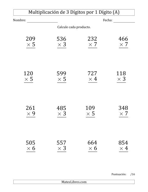 La hoja de ejercicios de Multiplicar Números de 3 Dígitos por 1 Dígito (Formato Grande) Usando Espacios como Separadores de Millares (A)