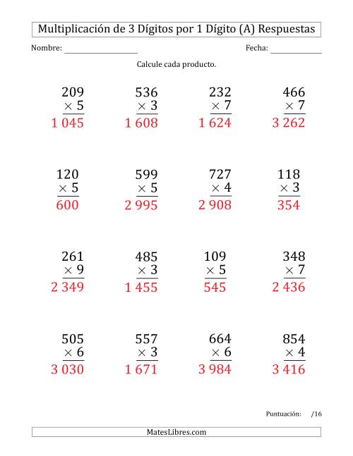 La hoja de ejercicios de Multiplicar Números de 3 Dígitos por 1 Dígito (Formato Grande) Usando Espacios como Separadores de Millares (A) Página 2