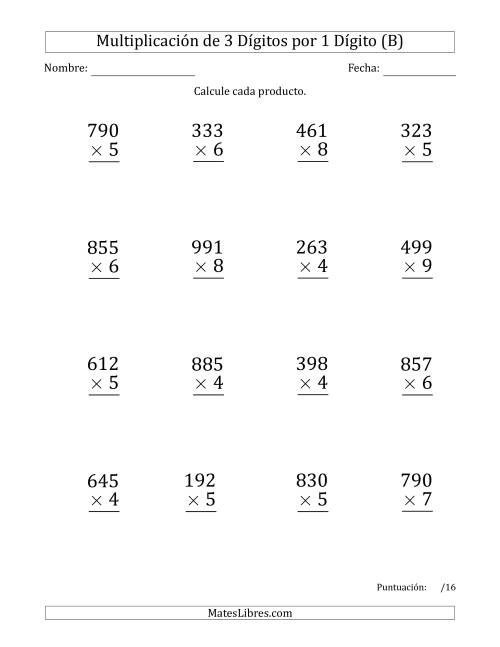 La hoja de ejercicios de Multiplicar Números de 3 Dígitos por 1 Dígito (Formato Grande) Usando Espacios como Separadores de Millares (B)