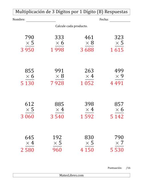 La hoja de ejercicios de Multiplicar Números de 3 Dígitos por 1 Dígito (Formato Grande) Usando Espacios como Separadores de Millares (B) Página 2