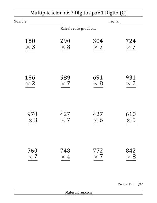 La hoja de ejercicios de Multiplicar Números de 3 Dígitos por 1 Dígito (Formato Grande) Usando Espacios como Separadores de Millares (C)