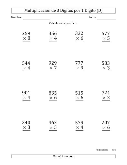 La hoja de ejercicios de Multiplicar Números de 3 Dígitos por 1 Dígito (Formato Grande) Usando Espacios como Separadores de Millares (D)