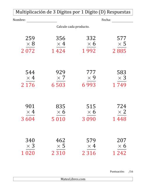 La hoja de ejercicios de Multiplicar Números de 3 Dígitos por 1 Dígito (Formato Grande) Usando Espacios como Separadores de Millares (D) Página 2