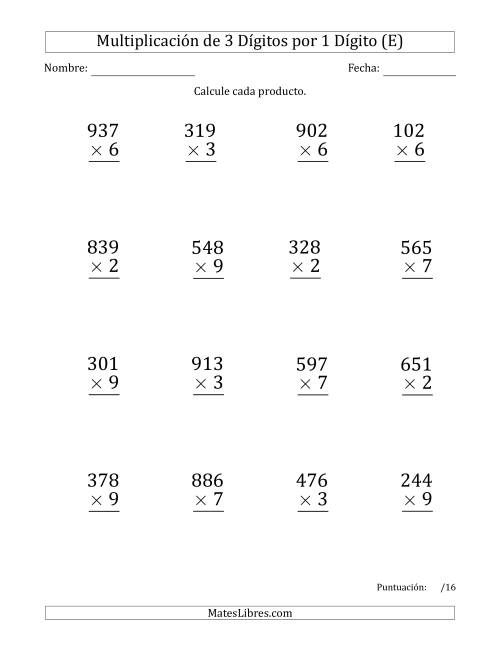 La hoja de ejercicios de Multiplicar Números de 3 Dígitos por 1 Dígito (Formato Grande) Usando Espacios como Separadores de Millares (E)