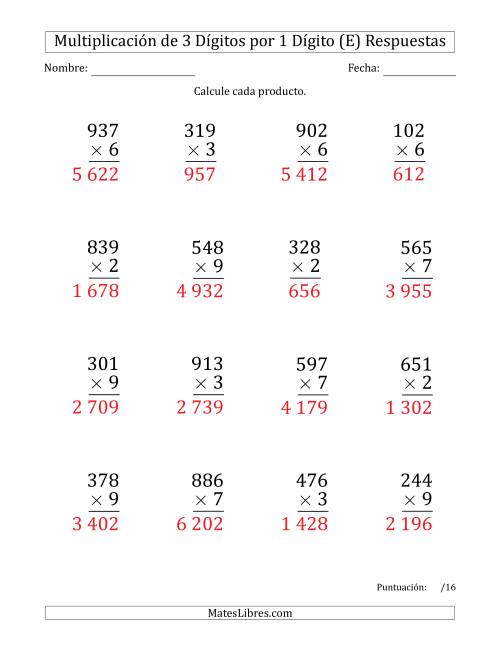 La hoja de ejercicios de Multiplicar Números de 3 Dígitos por 1 Dígito (Formato Grande) Usando Espacios como Separadores de Millares (E) Página 2