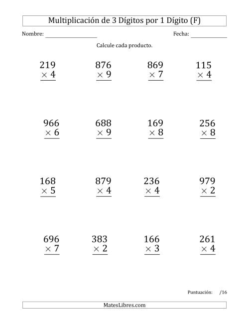 La hoja de ejercicios de Multiplicar Números de 3 Dígitos por 1 Dígito (Formato Grande) Usando Espacios como Separadores de Millares (F)