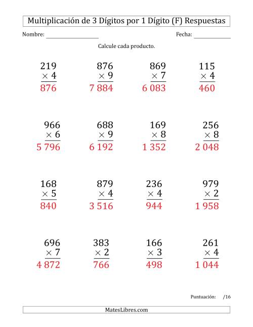 La hoja de ejercicios de Multiplicar Números de 3 Dígitos por 1 Dígito (Formato Grande) Usando Espacios como Separadores de Millares (F) Página 2