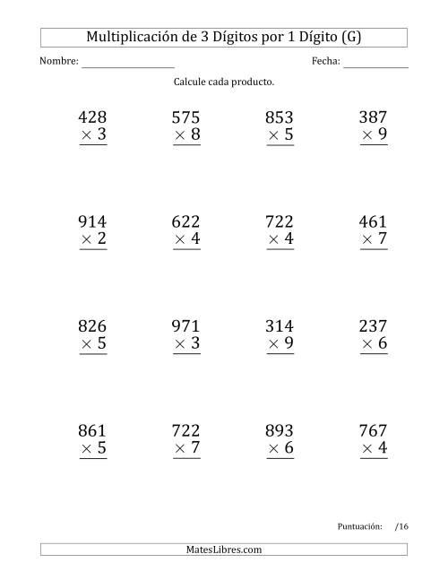 La hoja de ejercicios de Multiplicar Números de 3 Dígitos por 1 Dígito (Formato Grande) Usando Espacios como Separadores de Millares (G)