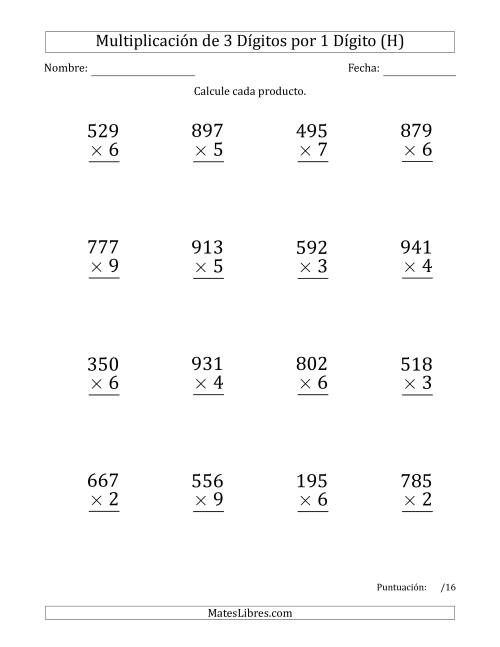 La hoja de ejercicios de Multiplicar Números de 3 Dígitos por 1 Dígito (Formato Grande) Usando Espacios como Separadores de Millares (H)