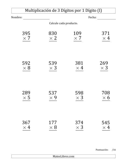La hoja de ejercicios de Multiplicar Números de 3 Dígitos por 1 Dígito (Formato Grande) Usando Espacios como Separadores de Millares (I)