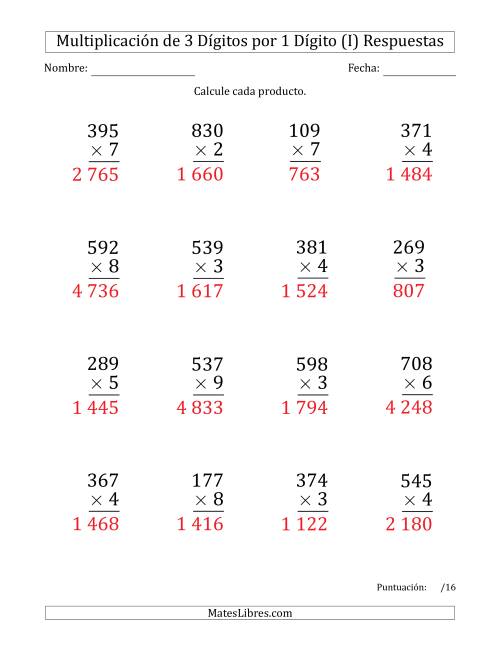 La hoja de ejercicios de Multiplicar Números de 3 Dígitos por 1 Dígito (Formato Grande) Usando Espacios como Separadores de Millares (I) Página 2