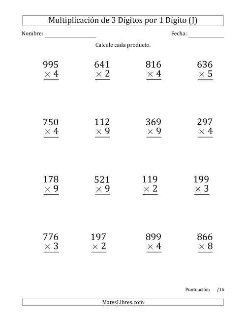 La hoja de ejercicios de Multiplicar Números de 3 Dígitos por 1 Dígito (Formato Grande) Usando Espacios como Separadores de Millares (J)