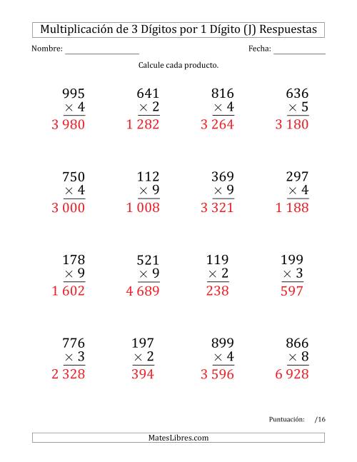La hoja de ejercicios de Multiplicar Números de 3 Dígitos por 1 Dígito (Formato Grande) Usando Espacios como Separadores de Millares (J) Página 2