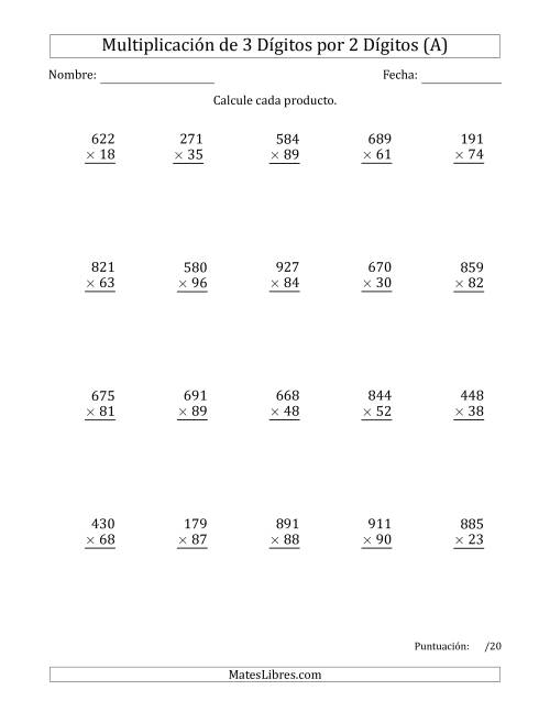 La hoja de ejercicios de Multiplicar Números de 3 Dígitos por 2 Dígitos Usando Espacios como Separadores de Millares (A)