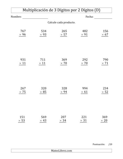 La hoja de ejercicios de Multiplicar Números de 3 Dígitos por 2 Dígitos Usando Espacios como Separadores de Millares (D)