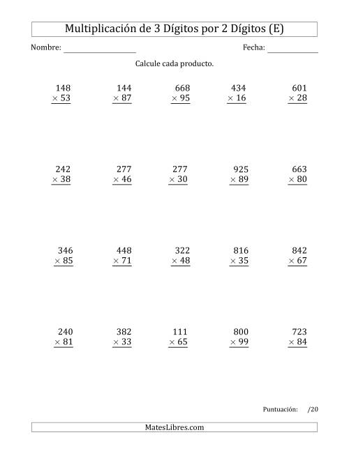 La hoja de ejercicios de Multiplicar Números de 3 Dígitos por 2 Dígitos Usando Espacios como Separadores de Millares (E)