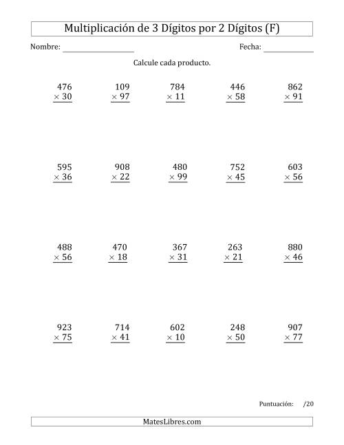 La hoja de ejercicios de Multiplicar Números de 3 Dígitos por 2 Dígitos Usando Espacios como Separadores de Millares (F)