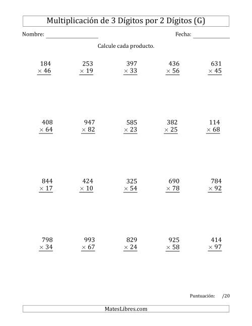 La hoja de ejercicios de Multiplicar Números de 3 Dígitos por 2 Dígitos Usando Espacios como Separadores de Millares (G)