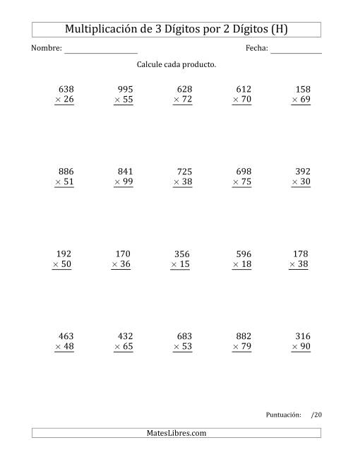 La hoja de ejercicios de Multiplicar Números de 3 Dígitos por 2 Dígitos Usando Espacios como Separadores de Millares (H)