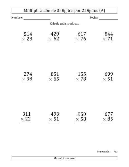 La hoja de ejercicios de Multiplicar Números de 3 Dígitos por 2 Dígitos (Formato Grande) Usando Espacios como Separadores de Millares (A)