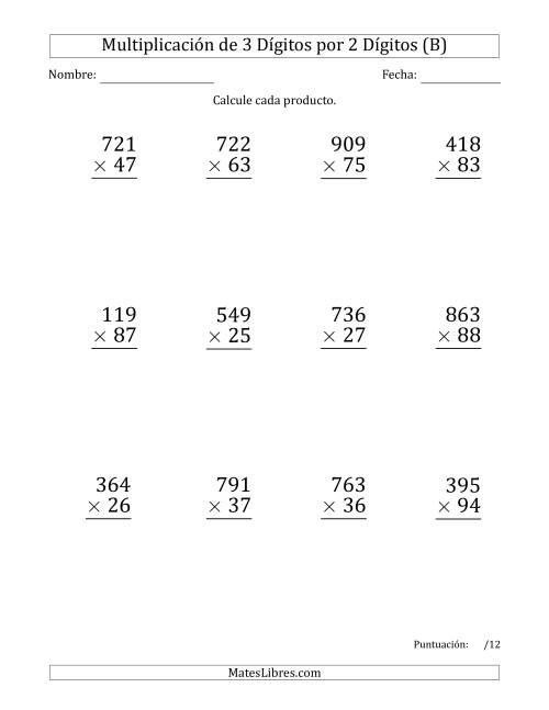 La hoja de ejercicios de Multiplicar Números de 3 Dígitos por 2 Dígitos (Formato Grande) Usando Espacios como Separadores de Millares (B)