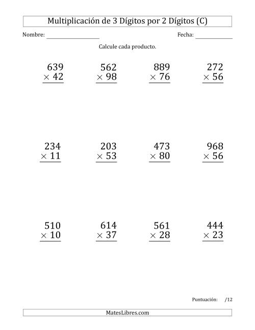 La hoja de ejercicios de Multiplicar Números de 3 Dígitos por 2 Dígitos (Formato Grande) Usando Espacios como Separadores de Millares (C)