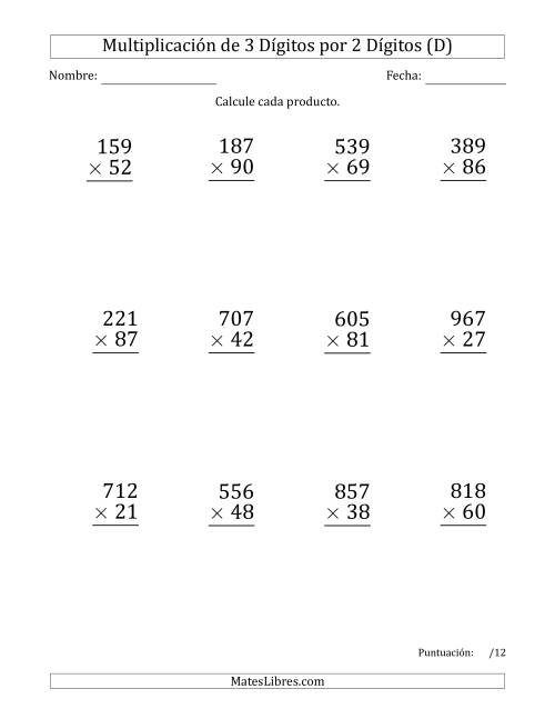 La hoja de ejercicios de Multiplicar Números de 3 Dígitos por 2 Dígitos (Formato Grande) Usando Espacios como Separadores de Millares (D)