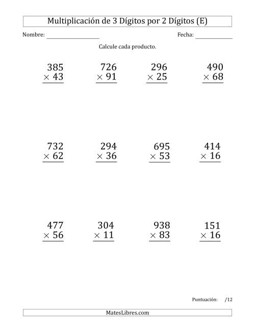La hoja de ejercicios de Multiplicar Números de 3 Dígitos por 2 Dígitos (Formato Grande) Usando Espacios como Separadores de Millares (E)