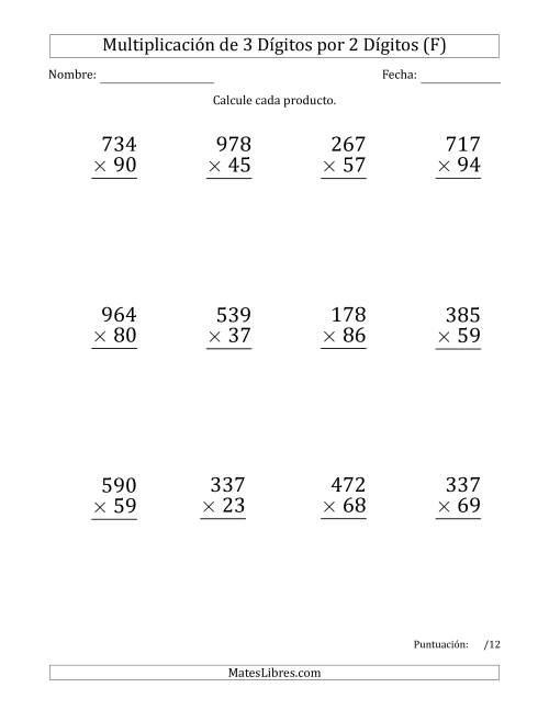 La hoja de ejercicios de Multiplicar Números de 3 Dígitos por 2 Dígitos (Formato Grande) Usando Espacios como Separadores de Millares (F)