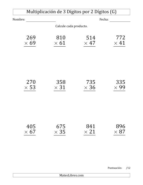 La hoja de ejercicios de Multiplicar Números de 3 Dígitos por 2 Dígitos (Formato Grande) Usando Espacios como Separadores de Millares (G)
