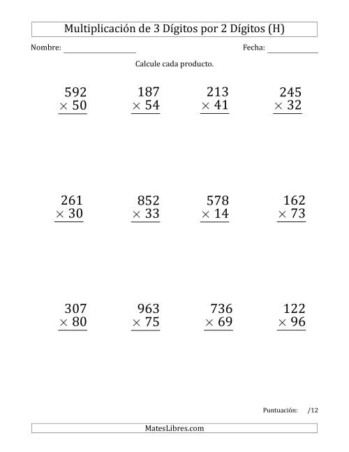 La hoja de ejercicios de Multiplicar Números de 3 Dígitos por 2 Dígitos (Formato Grande) Usando Espacios como Separadores de Millares (H)