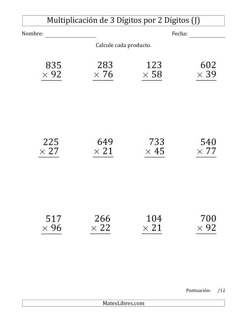 La hoja de ejercicios de Multiplicar Números de 3 Dígitos por 2 Dígitos (Formato Grande) Usando Espacios como Separadores de Millares (J)