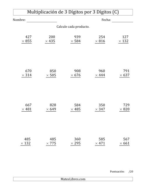 La hoja de ejercicios de Multiplicar Números de 3 Dígitos por 3 Dígitos Usando Espacios como Separadores de Millares (C)
