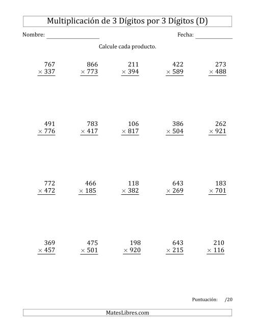 La hoja de ejercicios de Multiplicar Números de 3 Dígitos por 3 Dígitos Usando Espacios como Separadores de Millares (D)