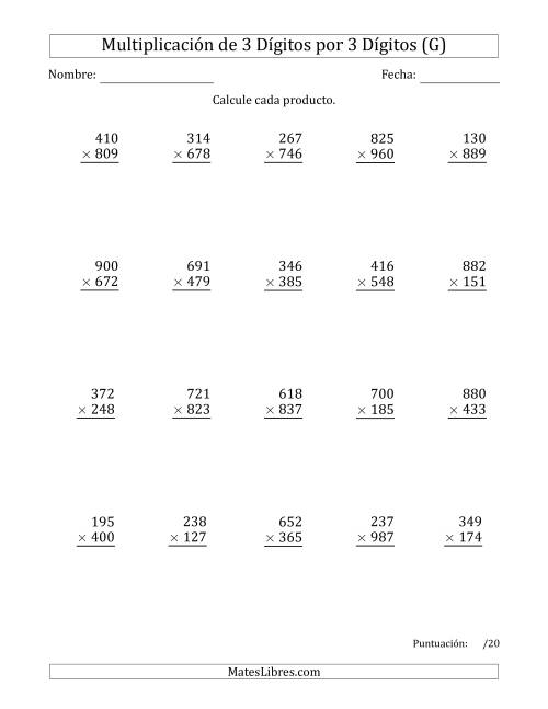 La hoja de ejercicios de Multiplicar Números de 3 Dígitos por 3 Dígitos Usando Espacios como Separadores de Millares (G)