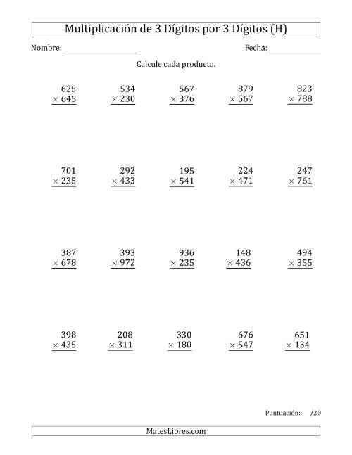La hoja de ejercicios de Multiplicar Números de 3 Dígitos por 3 Dígitos Usando Espacios como Separadores de Millares (H)
