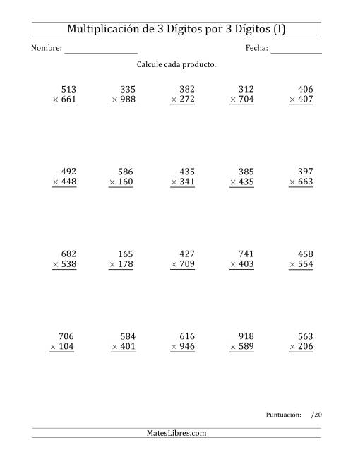 La hoja de ejercicios de Multiplicar Números de 3 Dígitos por 3 Dígitos Usando Espacios como Separadores de Millares (I)