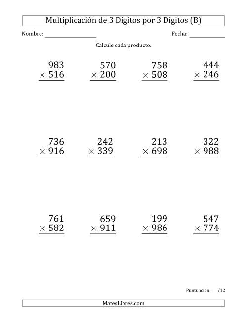 La hoja de ejercicios de Multiplicar Números de 3 Dígitos por 3 Dígitos (Formato Grande) Usando Espacios como Separadores de Millares (B)