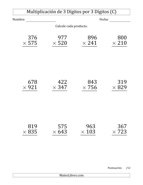 La hoja de ejercicios de Multiplicar Números de 3 Dígitos por 3 Dígitos (Formato Grande) Usando Espacios como Separadores de Millares (C)