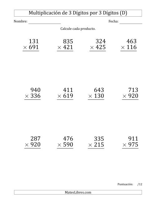 La hoja de ejercicios de Multiplicar Números de 3 Dígitos por 3 Dígitos (Formato Grande) Usando Espacios como Separadores de Millares (D)
