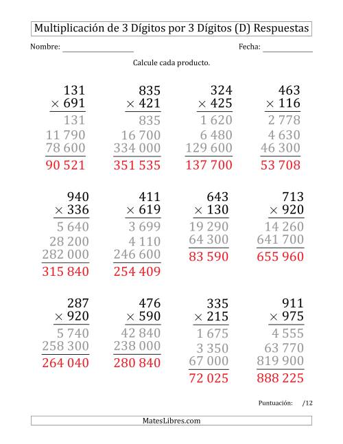 La hoja de ejercicios de Multiplicar Números de 3 Dígitos por 3 Dígitos (Formato Grande) Usando Espacios como Separadores de Millares (D) Página 2