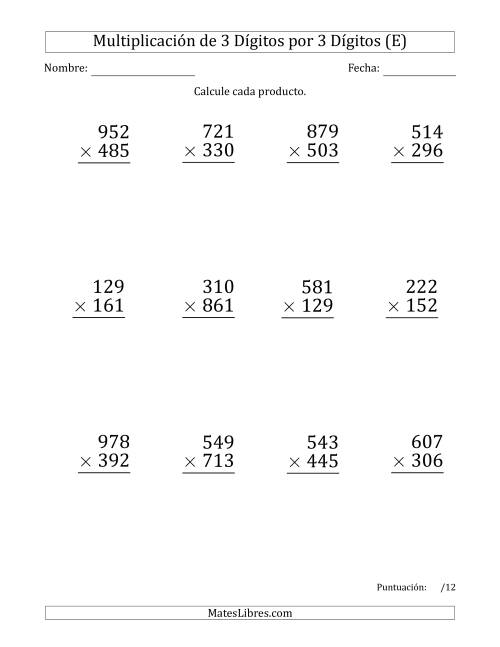 La hoja de ejercicios de Multiplicar Números de 3 Dígitos por 3 Dígitos (Formato Grande) Usando Espacios como Separadores de Millares (E)