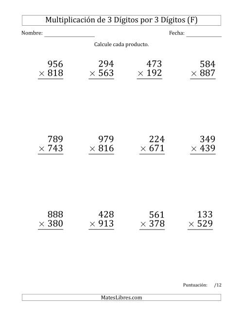 La hoja de ejercicios de Multiplicar Números de 3 Dígitos por 3 Dígitos (Formato Grande) Usando Espacios como Separadores de Millares (F)