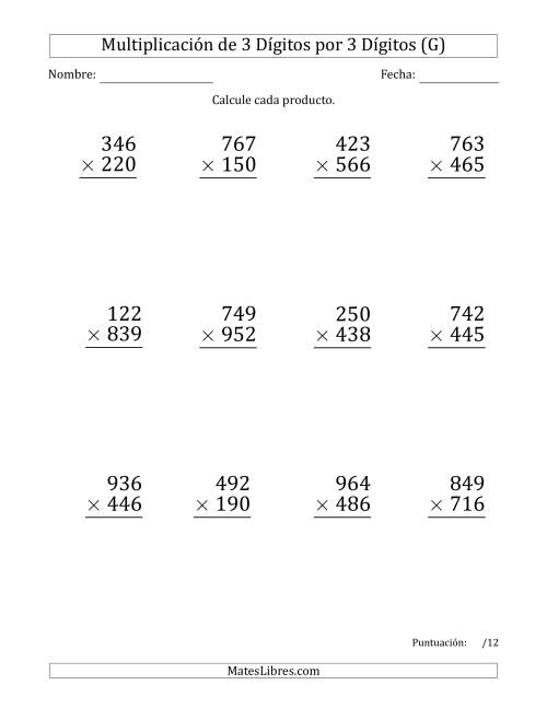 La hoja de ejercicios de Multiplicar Números de 3 Dígitos por 3 Dígitos (Formato Grande) Usando Espacios como Separadores de Millares (G)