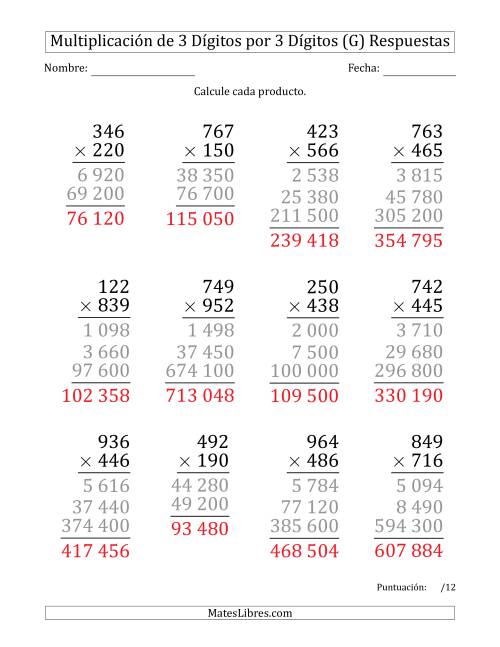 La hoja de ejercicios de Multiplicar Números de 3 Dígitos por 3 Dígitos (Formato Grande) Usando Espacios como Separadores de Millares (G) Página 2